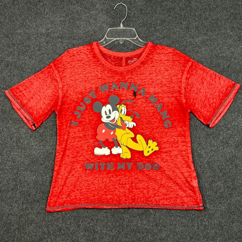 Disney Mickey Goofy Graphic T-Shirt 'Just Wanna Hang With My Dog' Red Sz Small - Picture 2 of 12